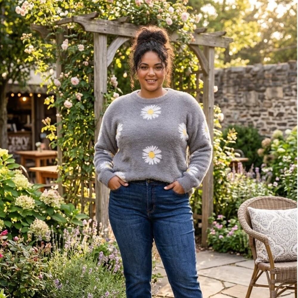 Simply Southern Fuzzy Grey Daisy Floral Eyelash Knit Sweater XXL Crewneck